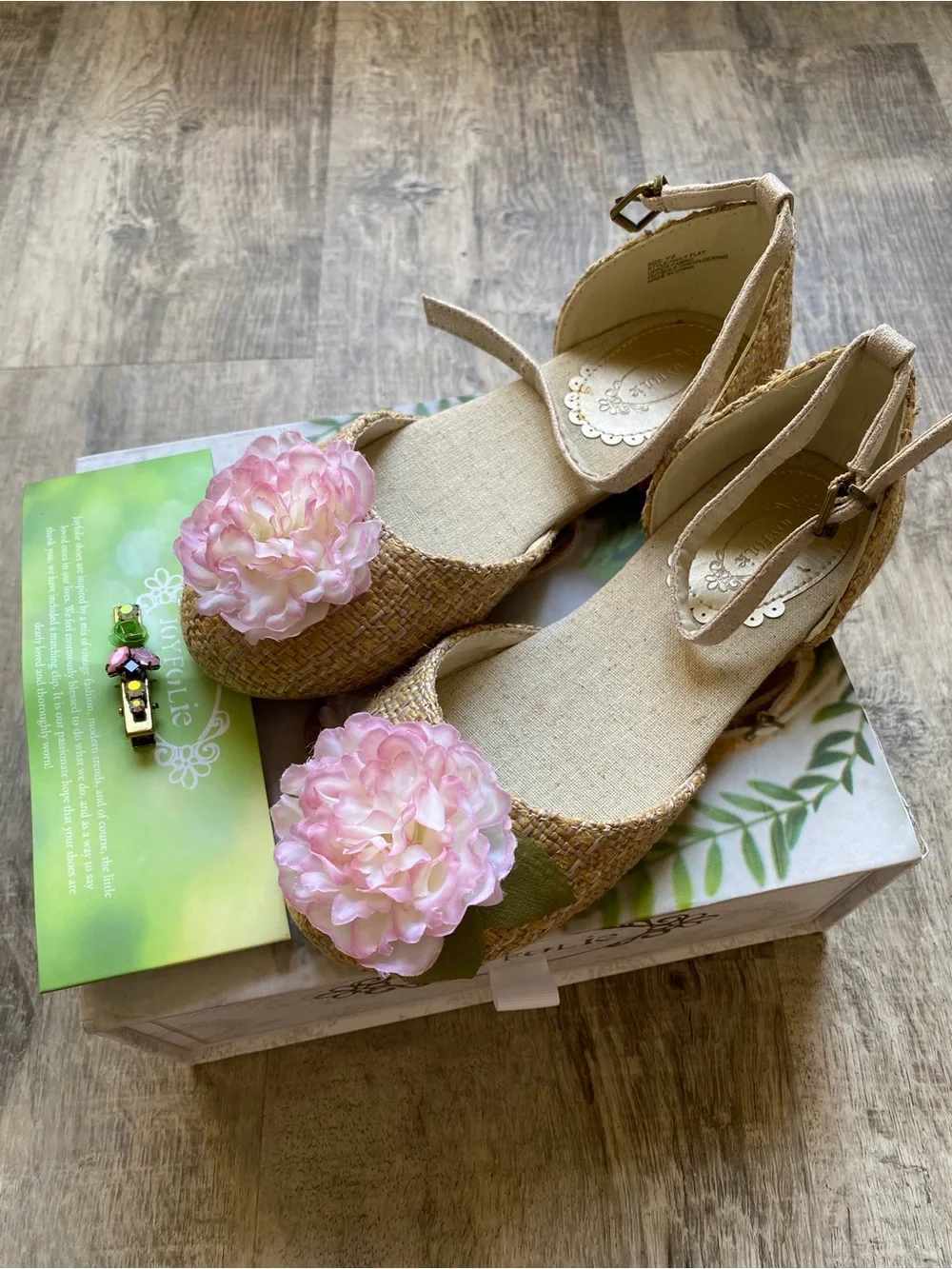 Joyfolie Girls Beige Woven Espadrille Wedges with Pink Floral Pom